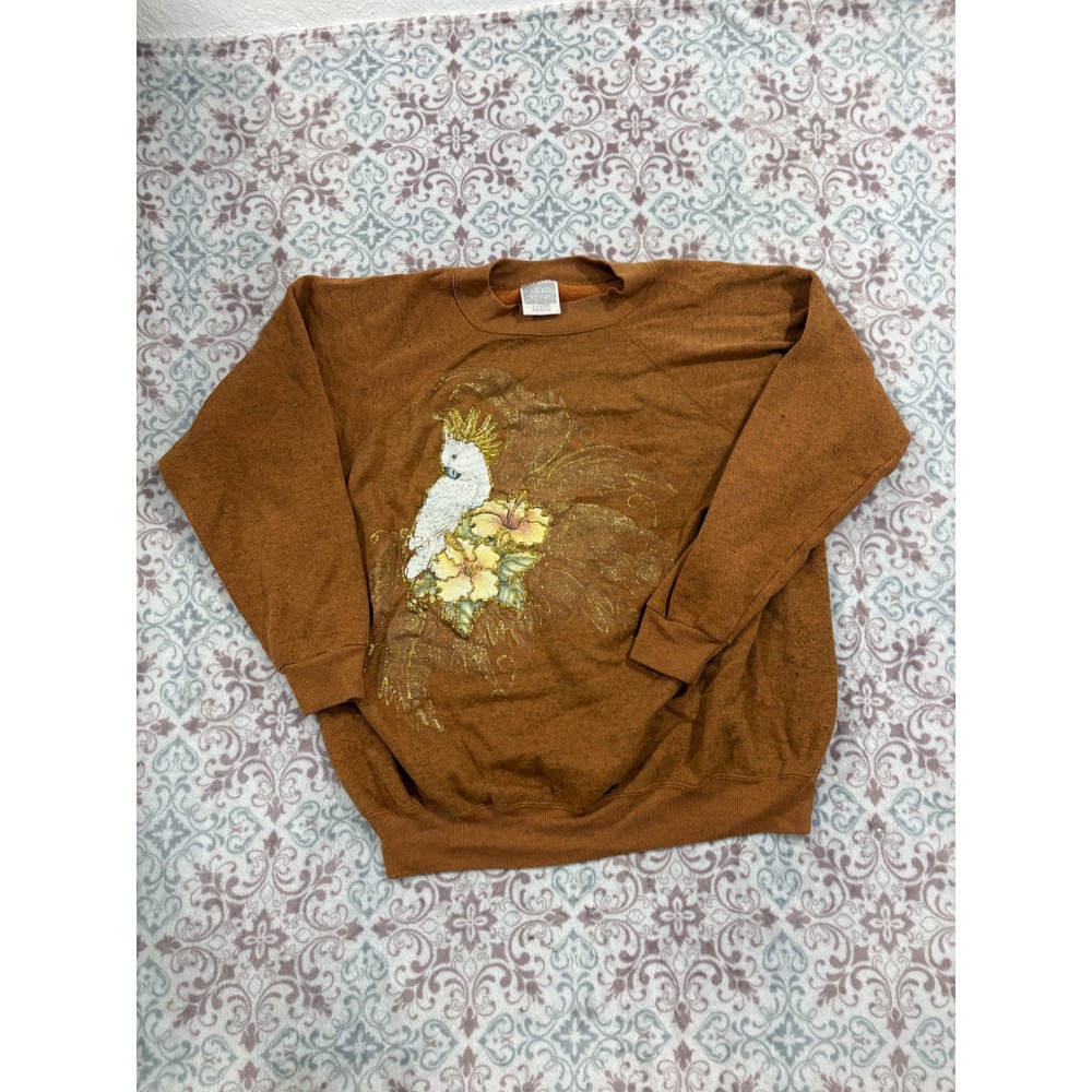 Vintage Hanes Her Way Cockatoo Hibiscus Glitter Sweatshirt XL Rust Brown USA